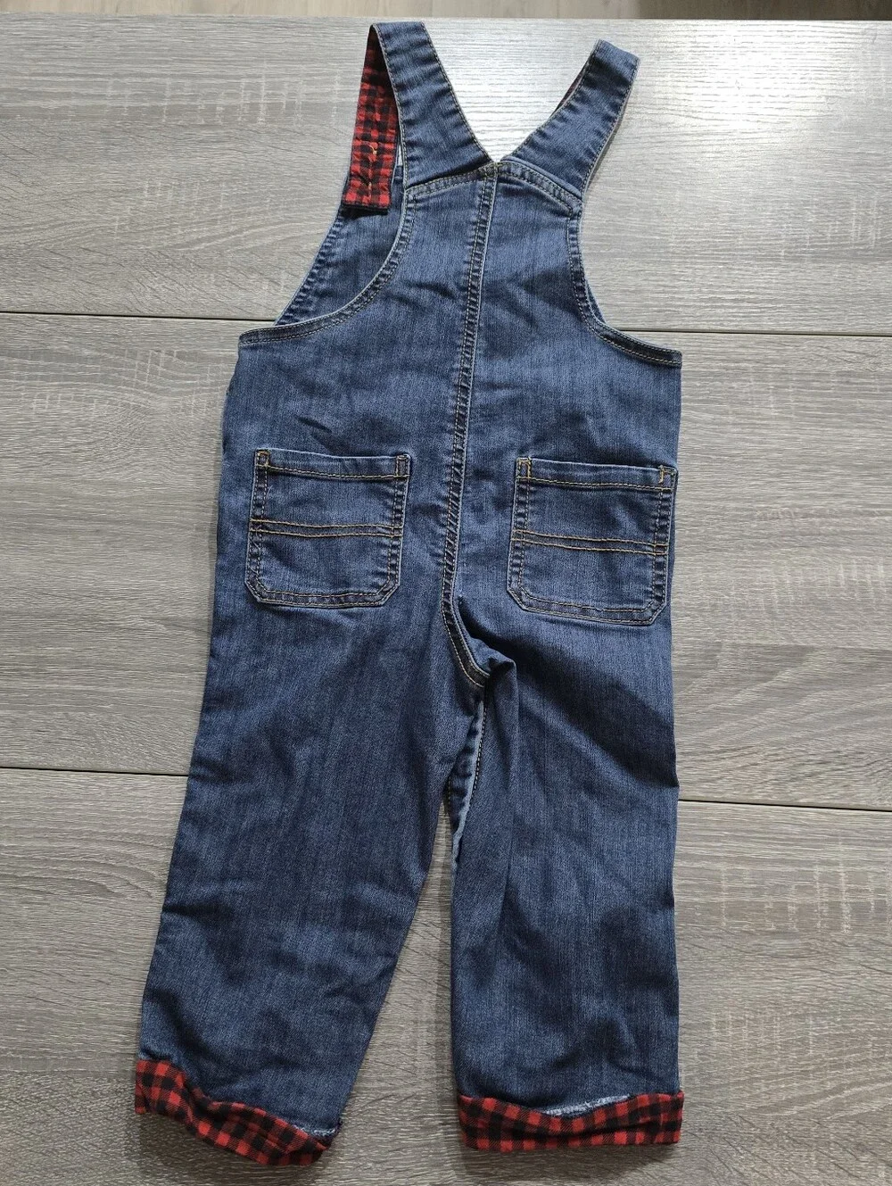 Carters Toddler Blue Denim Overalls W Red Buffalo Plaid Detail - Size 24m